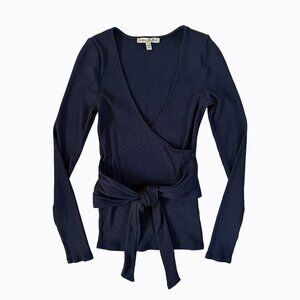 Express One Eleven Wrap Top Navy Blue Ribbed V-Neck Balletcore 90s Y2K Sz S/P